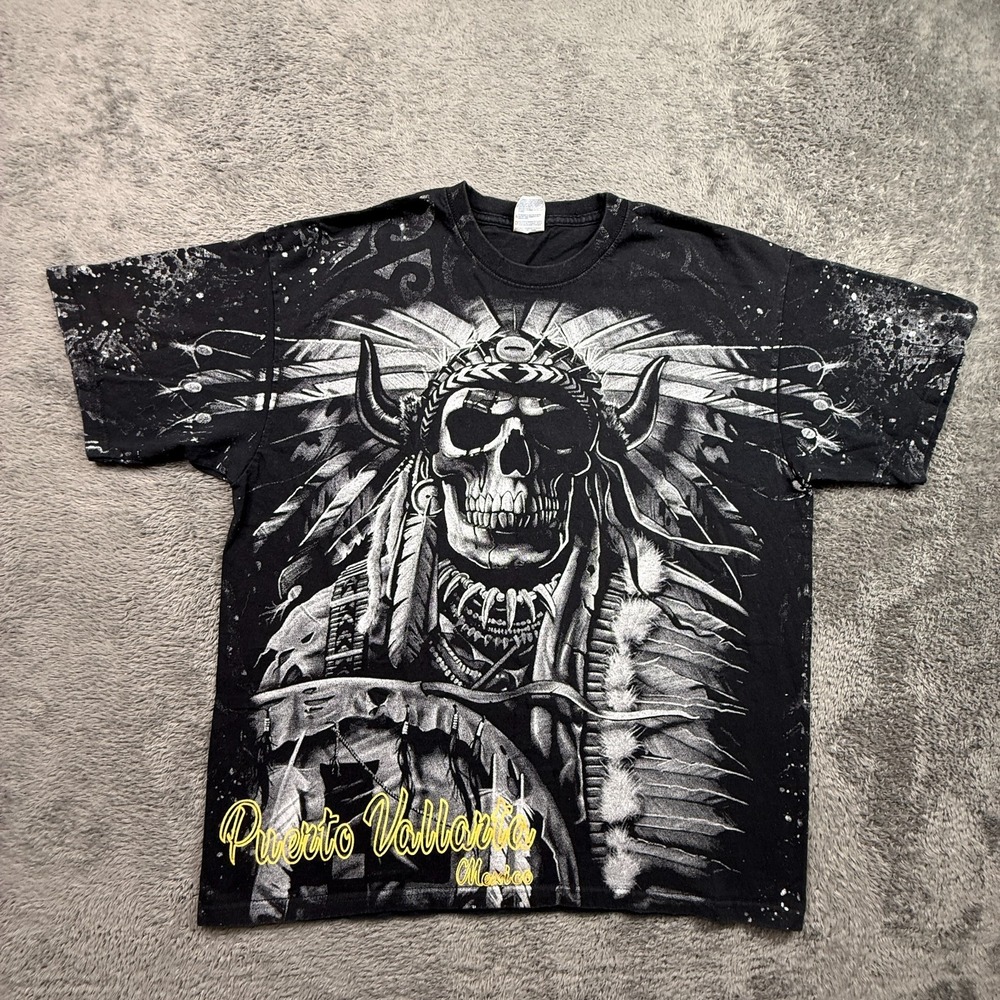 Vintage Native Tribal Puerto Vallarta Mexico Skull Tee Shirt AOP Mens XL Black